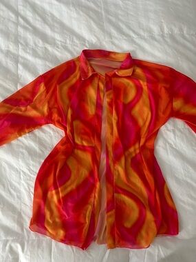 Vibrant Sheer Orange & Pink Button-Up Blouse